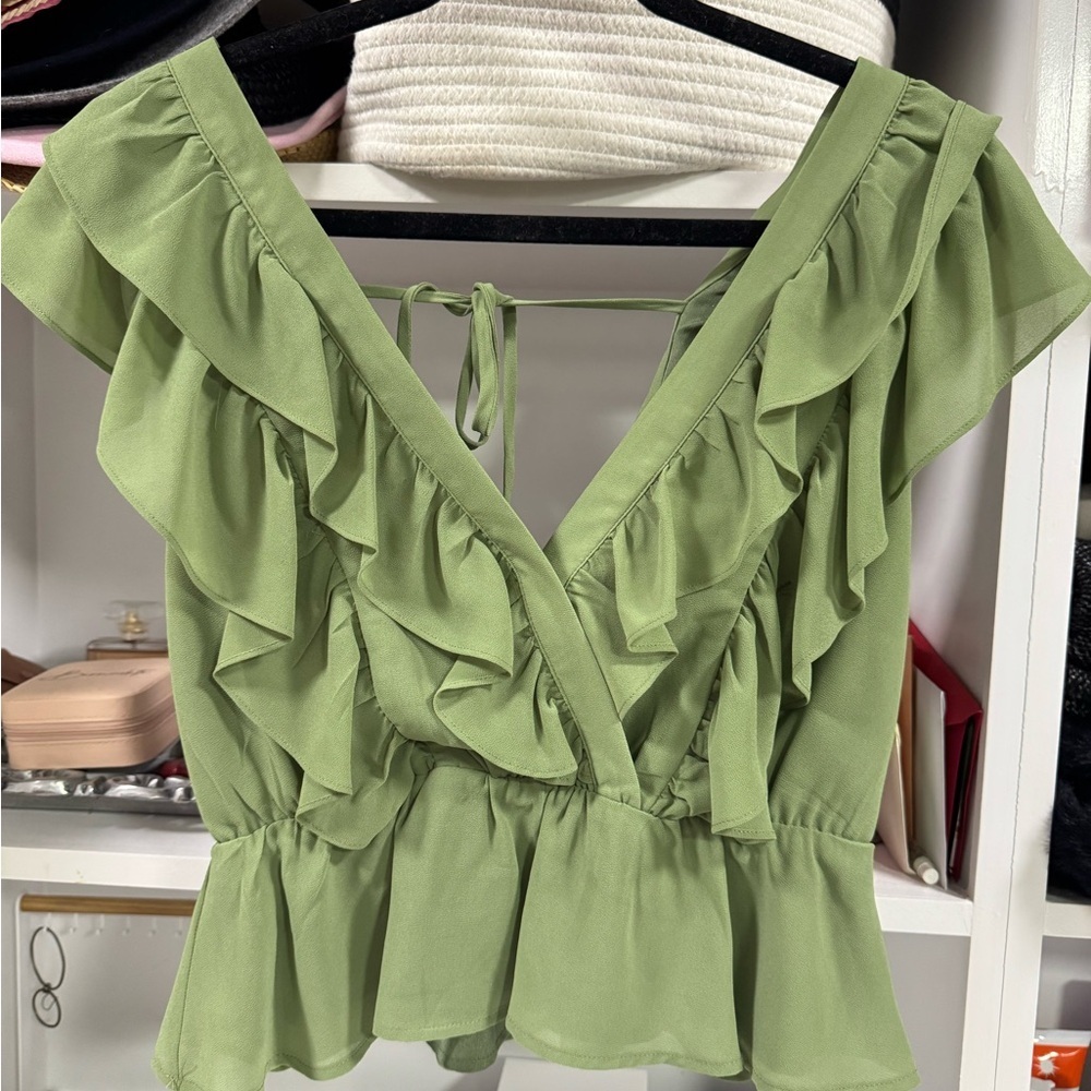 Green Ruffled V-Neck Top - Picture 3 of 3